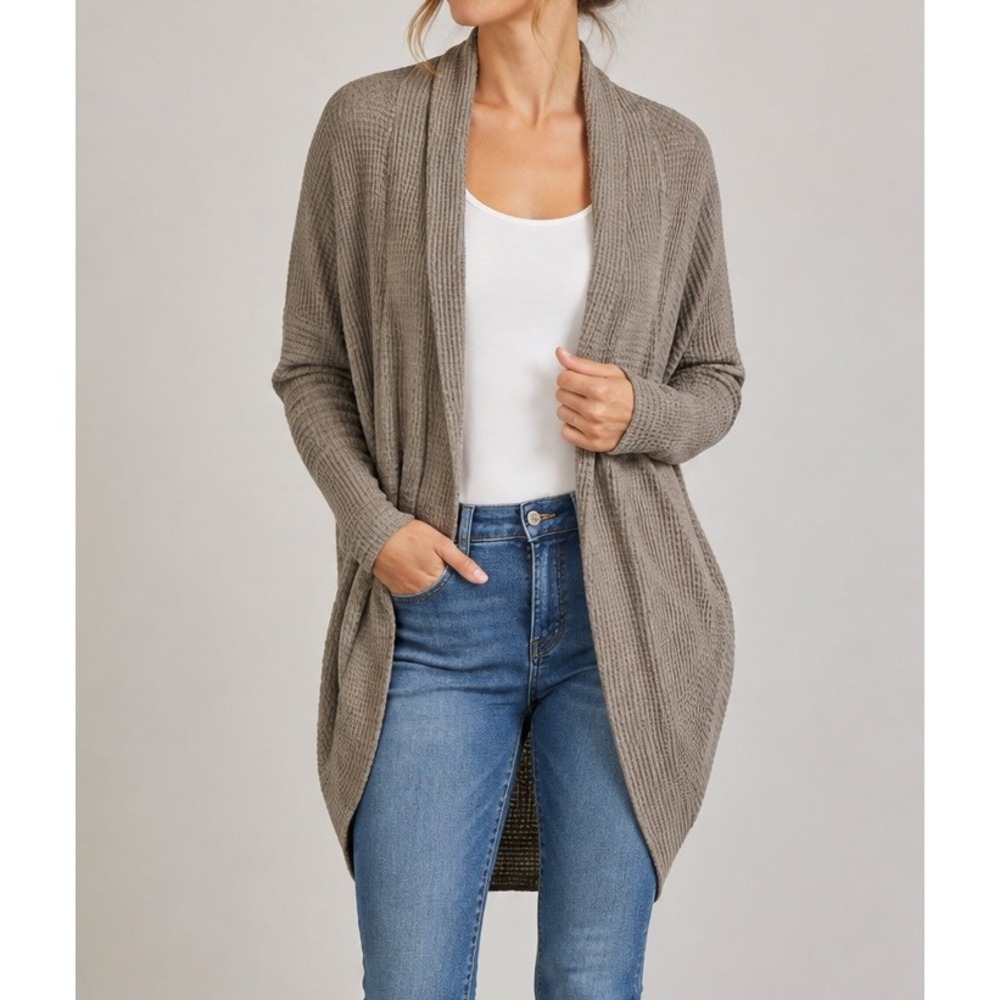 MITTOSHOP Open Front Dolman Cardigan Sweater Womens S/M Gray Brown Waffle Knit